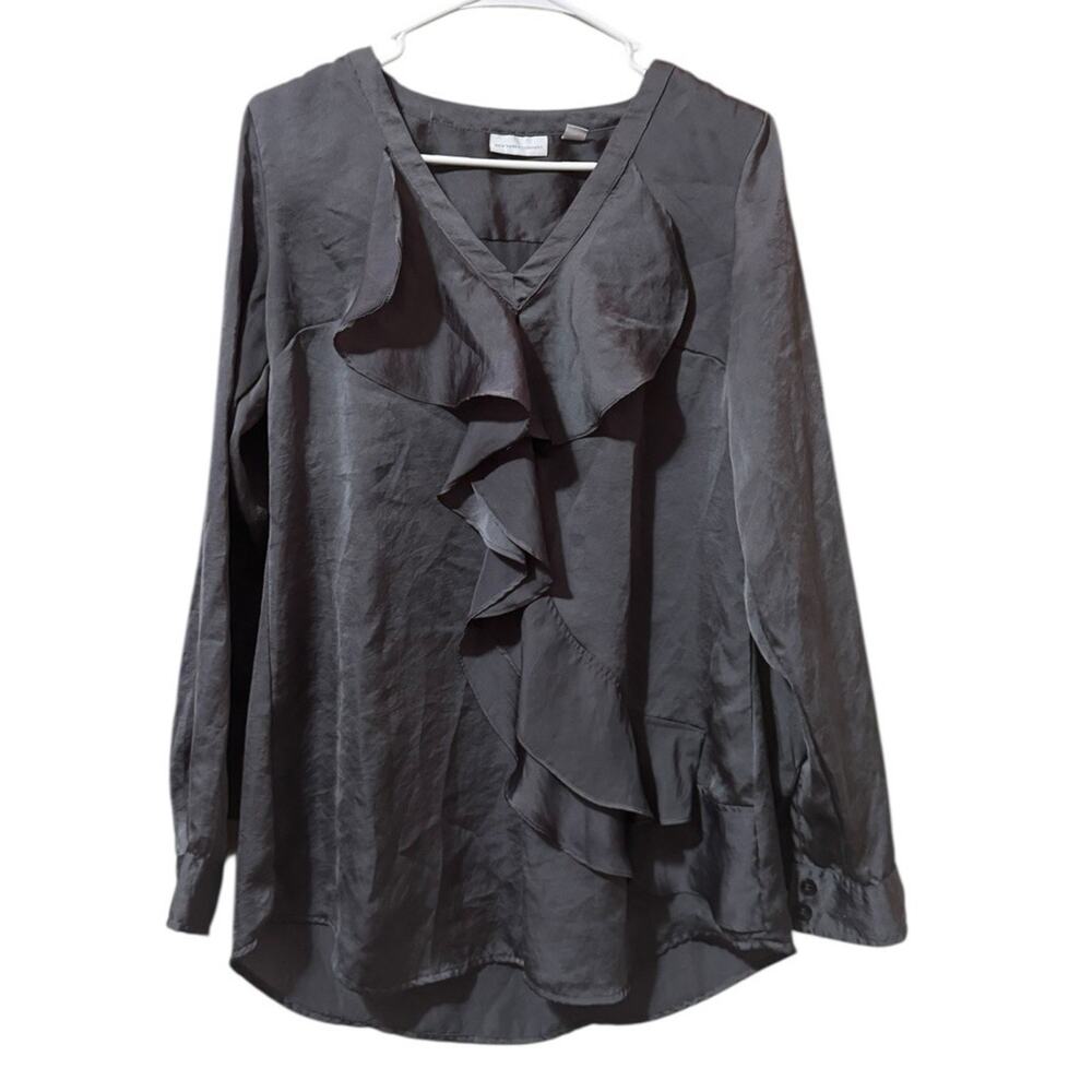 New York & Company Women Size Small Ruffle Front Blouse Long Sleeve‎ Polyester
